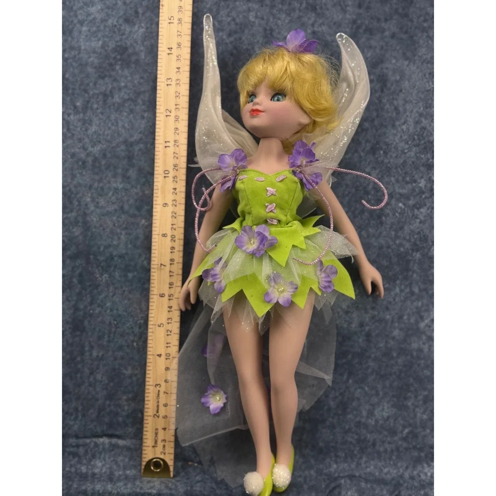 Tinker Bell Inspired Fairy Doll 14 Inch Green Floral Dress Shimmering Wings
